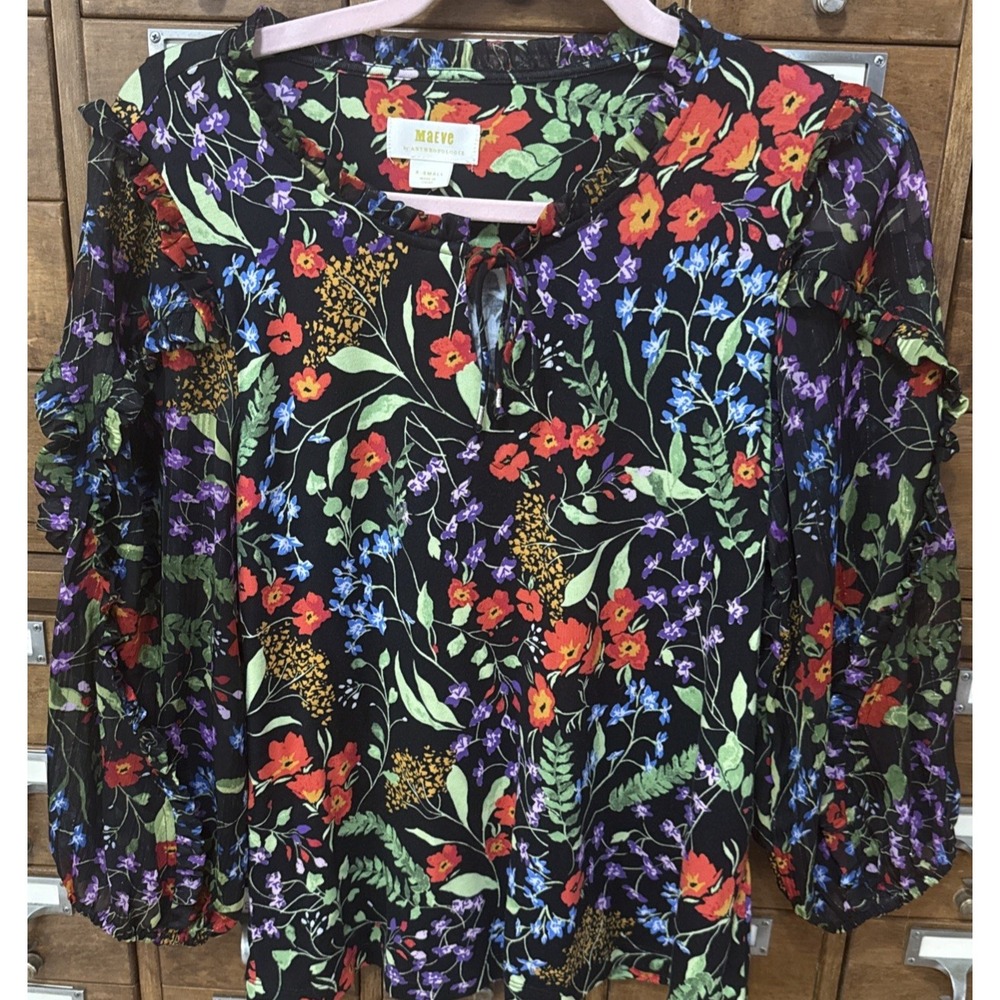 Maeve Anthropologie Jacquin Peasant Blouse Top Womens XS Black Floral Boho